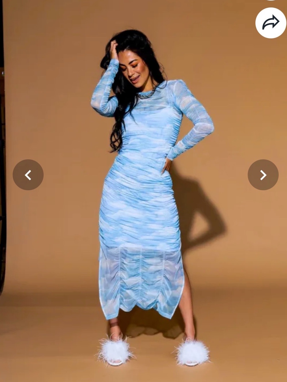 Dressed in Lala Sheer Ruched Long Sleeve Maxi Dress - Blue